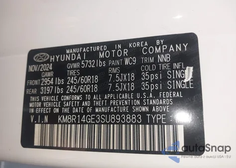 2025 Hyundai Palisade Se z USA, uszkodzony, nr VIN KM8R14GE3SU893883